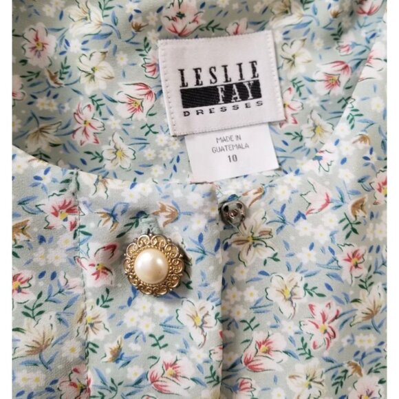 Leslie Fay Vtg Sage Green Pink Floral Cottagecore Belted Pleated Midi Dress 10 - Picture 7 of 8